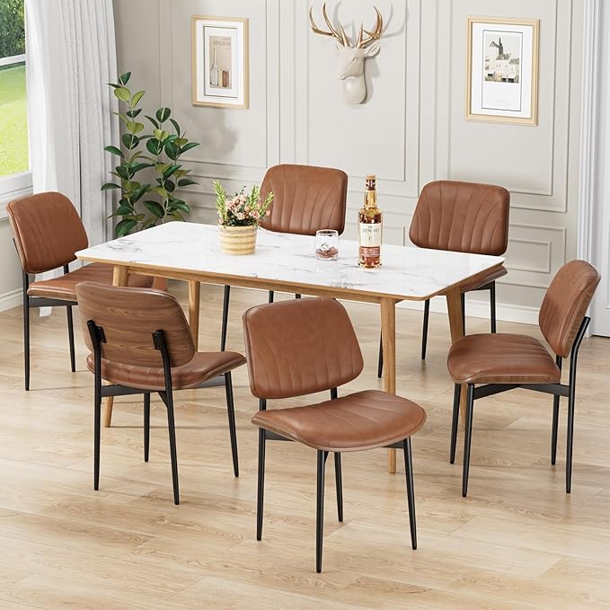 Dining Chairs Set of 2, Mid-Century Modern Upholstered PU Leather Chairs with Walnut Bentwood Back and Metal Legs Adjustable Feet for Kitchen Dining Room, Camel Shell Strips