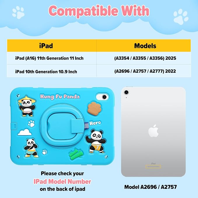 Case for iPad A16 11th Generation 11 Inch 2025 iPad 10th Generation 10.9 Inch 2022 Silicone 3D Panda Design Kids Case Heavy Duty Protection with Kickstand/Pencil Holder/Strap
