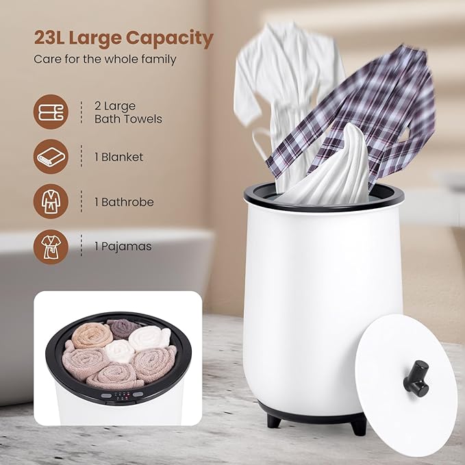 Tangkula Towel Warmer Bucket, 23L Large Luxury Bucket-Style Towel Warmer w/Fragrant Disc Holder, ETL Certified Bath Heater w/3-Level Heating, 20/40/60/90 Min Timer & Auto Shut Off (Black, 23L, handle)