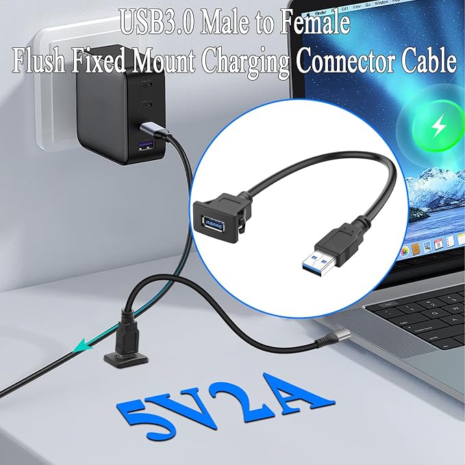 QIANRENON 5Gbps USB3.0 Square Snap on Mount Adapter Short Cable USB3.0 Male to Female Flush Fixed Mount Charging Data Connector Extension Cable 5V/2A for Desktop Dashboard Panel 30cm/11.8in