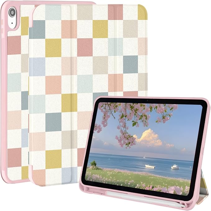 Case for iPad 9th/ 8th/ 7th Generation Case 10.2&amp10.5 Inch (2021/2020/2019 Release) Slim Lightweight Soft Trifold Back Cover with Pencil Holder &amp Auto Sleep/Wake CoverBeige Checkered