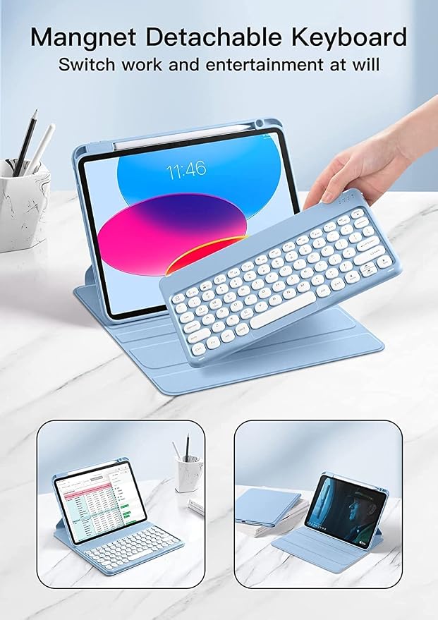Keyboard Case for iPad 11 inch 2025(A16)/iPad 10 2022 Vertical Case with Pencil Holder Magnetic Stand Rotating Detachable Keyboard with Clear Back (Black)