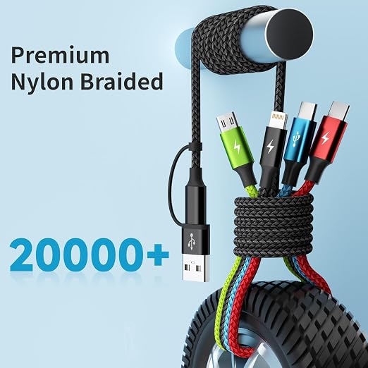 4 in 1 Multi Charging Cable 2 Pack 6FT Charging Cords for Devices | Nylon Braided USB C Car Charger Cable with Dual USB-C IP &amp Micro Ports Long Travel Charging Cord for Cars