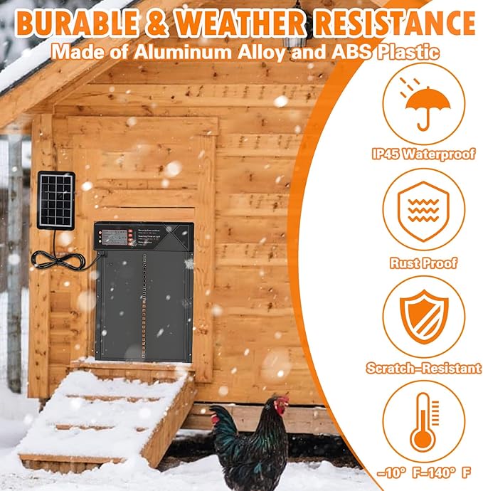 Automatic Chicken Coop Door Solar Powered, Aluminum Alloy Automatic Chicken Door with Large Size, 4 Modes, Timer & Light Sensor, Anti-Pinch Safety Design, LCD Display, Remote Control, Weatherproof