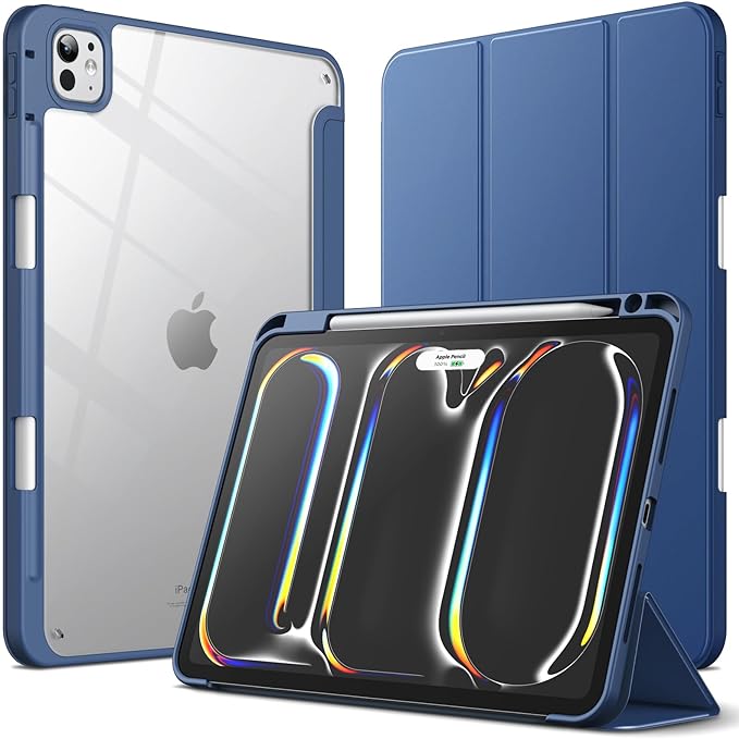 JETech Case for iPad Pro 11 M5/M4 Black | Cover for 2025/2024 Model Clear Transparent Back Pencil Holder Slim Shockproof Protection Tri-Fold Stand Auto Wake/Sleep