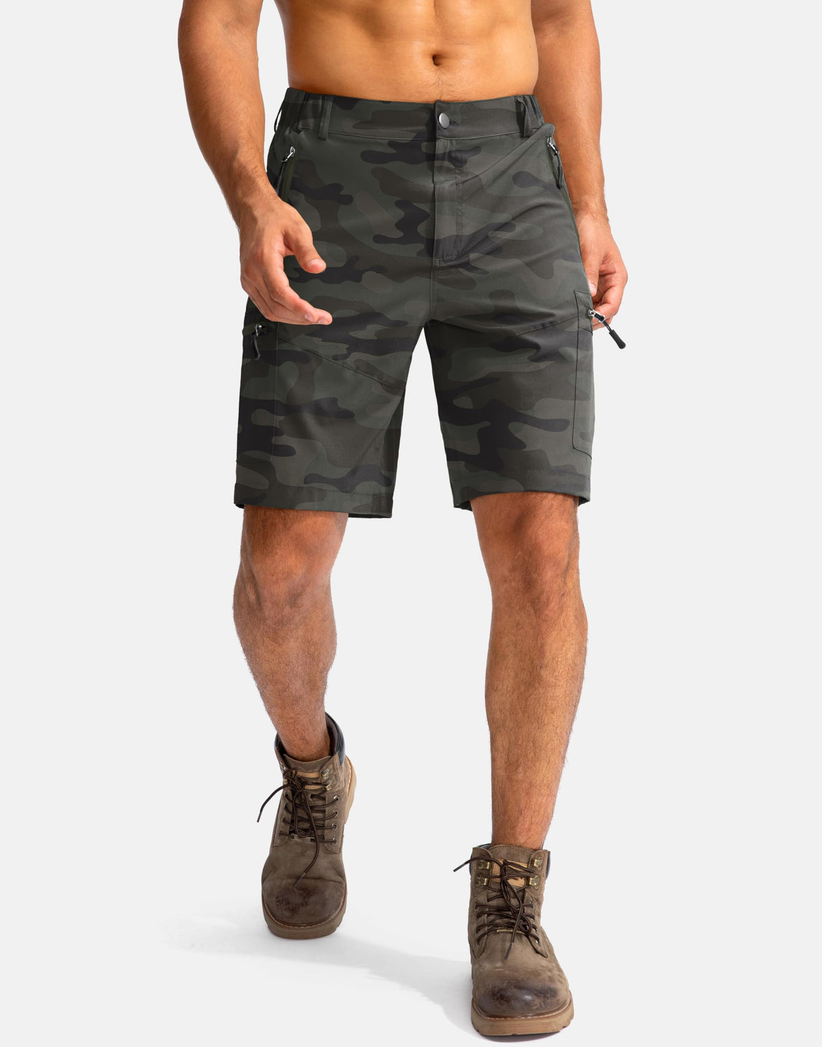 Pudolla Men's Hiking Cargo Shorts 9" Lightweight Outdoor Work Shorts for Men Travel Golf Camping Casual with 5 Zipper Pockets(Green Camo Large)