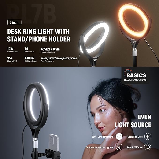 NEEWER Basics 7" Desk Ring Light with Stand/Phone Holder Compatible with iPhone, 10W CRI95+ Bi Color LED Selfie Light for TikTok Recording Laptop Webcam Zoom Video Conference Lighting Makeup, RL7B