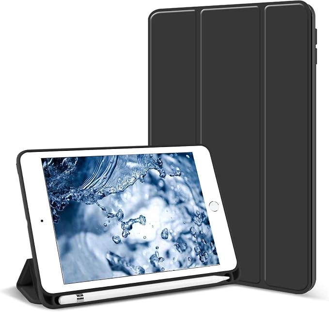 Aoub Case for iPad mini 5 2019 7.9 inch with Pencil Holder Black | for iPad mini 5th Generation 7.9 inch Auto Sleep/Wake Slim Lightweight Trifold Stand Smart Cover Soft TPU Back Case