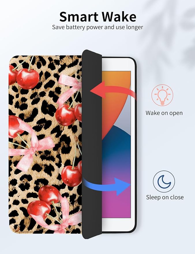 Case for iPad 9th/ 8th/ 7th Generation Case 10.2&amp10.5 Inch (2021/2020/2019 Release) Slim Lightweight Soft Trifold Back Cover with Pencil Holder &amp Auto Sleep/Wake Cover Cherries Cheetah Bows