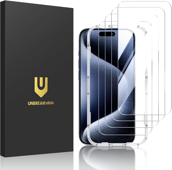 UNBREAKcable 4-Pack iPhone 15 Screen Protector 9H Hardness | 9H tempered glass | 99.99% HD clarity | Double Shatterproof|alignment frame easy install | case-friendly