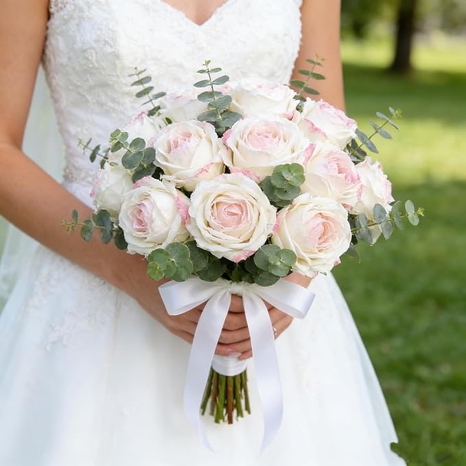 Kimura's Cabin 12pcs Lifelike Faux Silk Roses Flowers with Stem Artificial Rose Bouquet Fake Vintage Roses Dried Flower for Valentines Day Home Centerpiece Wedding Party DIY Decoration(Pink White)
