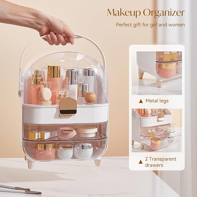 Makeup Organizers, Make Up Organizers for Vanity, Countertop Cosmetic Storage with Drawers and Transparent Cover for Bedroom Bathroom (Pearl White)