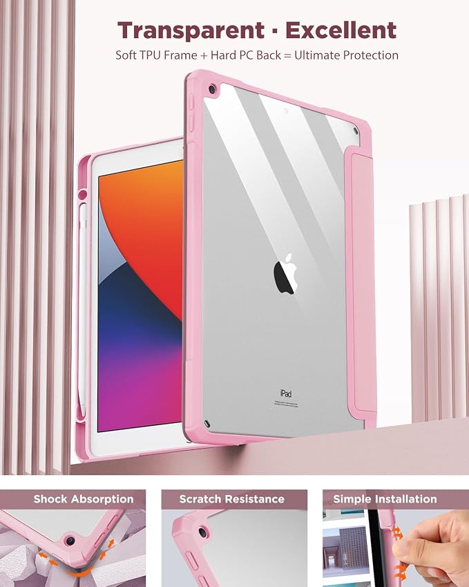 TiMOVO Case for iPad 9th/8th/7th Generation 10.2 inch Black | Pencil Holder Slim Trifold Stand Protective Cover Clear Transparent Back Shell Auto Wake/Sleep