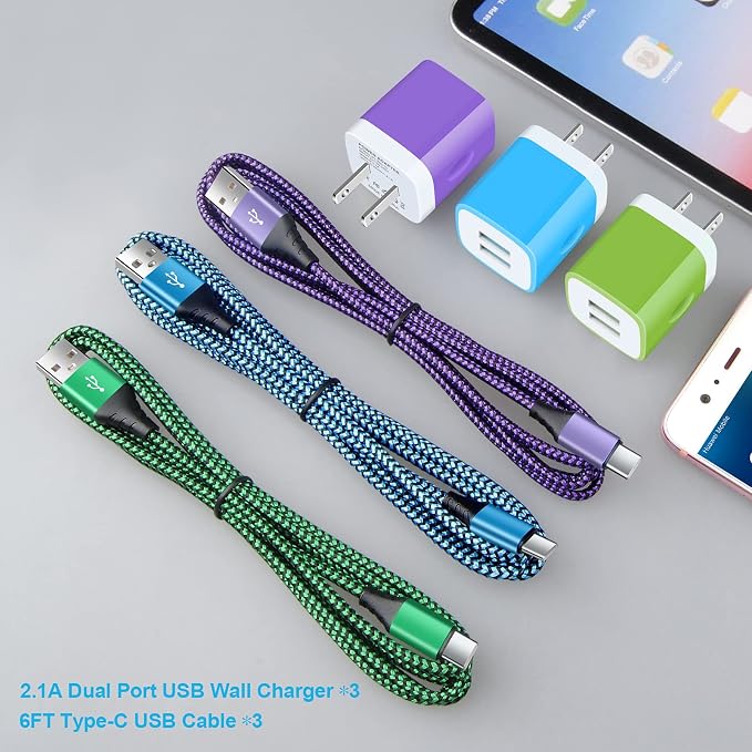 USB Type C Charger Plug Dual Port Fast Wall Charger Phone Charging Block with 2Pack 6Ft C Cable for Samsung Galaxy S26 S25 S24 S23 S22 S21 S20 A16 A54 A53 A23iPhone 17 16 15Google Pixel 10 9 8 7 Pro