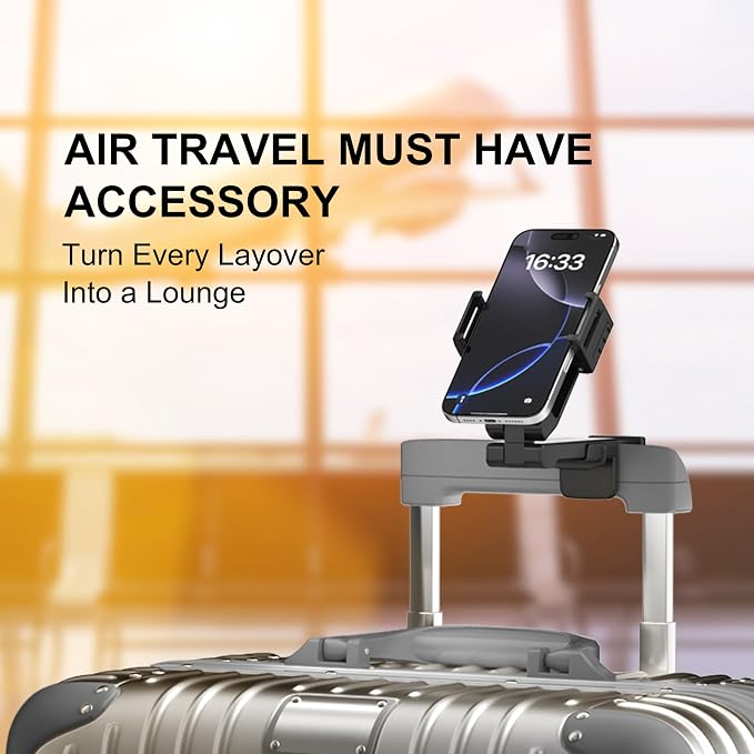Perilogics Gen 2 Airplane Phone Holder Mount Travel Essential Phone Stand | Upgraded Silent Hinge 360° Adjustable Compact Size Wider Clamp Fits iPhone Android &amp Gaming Devices