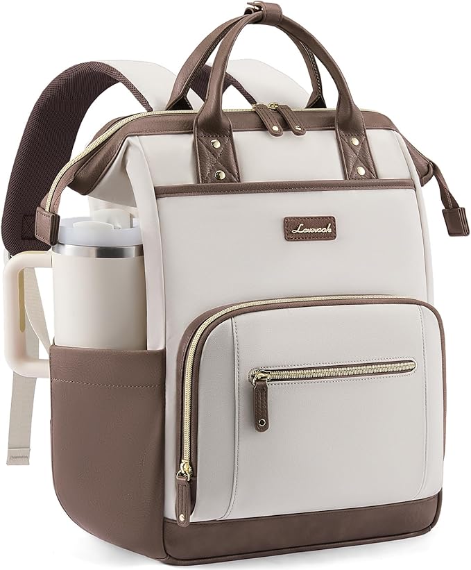 LOVEVOOK Laptop Backpack for Women with Giant Tumbler Holder,15.6 inch Professional Nurse Teacher Backpack Computer Laptop Bag,Cute Waterproof Travel Backpack Purse Work College Bag, Beige-Khaki