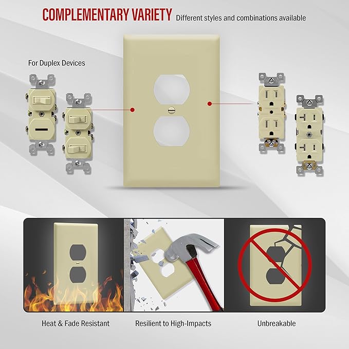 ENERLITES Duplex Receptacle Outlet Wall Plate, Jumbo Electrical Outlet Covers, Gloss Finish, Oversized 1-Gang 5.51" x 3.50", Polycarbonate Thermoplastic, 8821O-I-10PCS, Ivory, 10 Pack