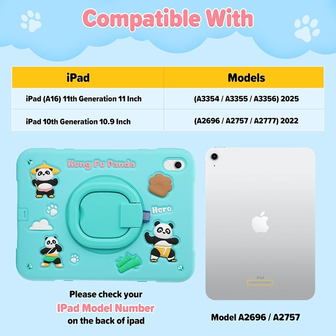 Case for iPad A16 11th Generation 11 Inch 2025 iPad 10th Generation 10.9 Inch 2022 Silicone 3D Panda Design Kids Case Heavy Duty Protection with Kickstand/Pencil Holder/Strap