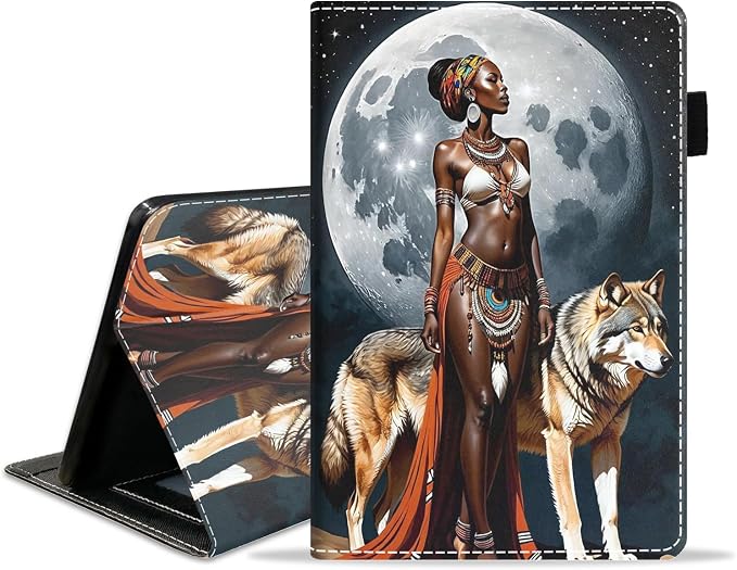 Case for Amazon Fire HD 8/HD 8 Plus Tablet (8 12th/10th Generation 2024/2022/2020 Release) Slim PU Leather Stand Folio Cover with Auto Wake Sleep African Woman Wolf