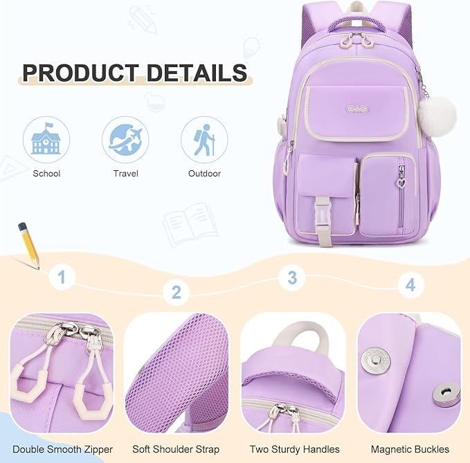 Backpacks for Girls, 3PCS School Backpack with Lunch Box Pencil Pouch for Teen Girls Kids Elementary Primary Middle High College Daypack School bag Bookbag Set（Purple）