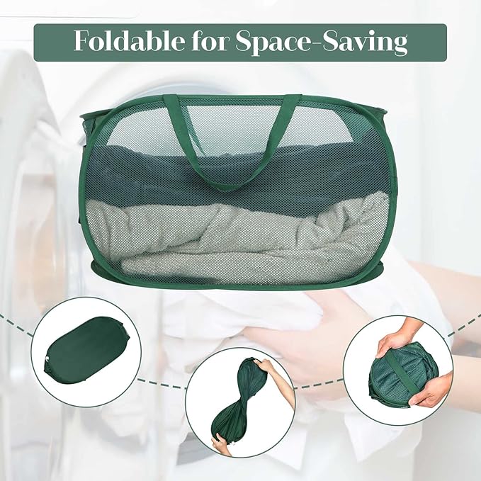 4 Pack Collapsible Laundry Baskets, Foldable Laundry Basket with Pocket, Durable Pop Up Hampers, Reinforced Handles Dirty Clothes Hamper for Laundry, Bedroom, Bathroom, Dorm, Travel or Camping Green