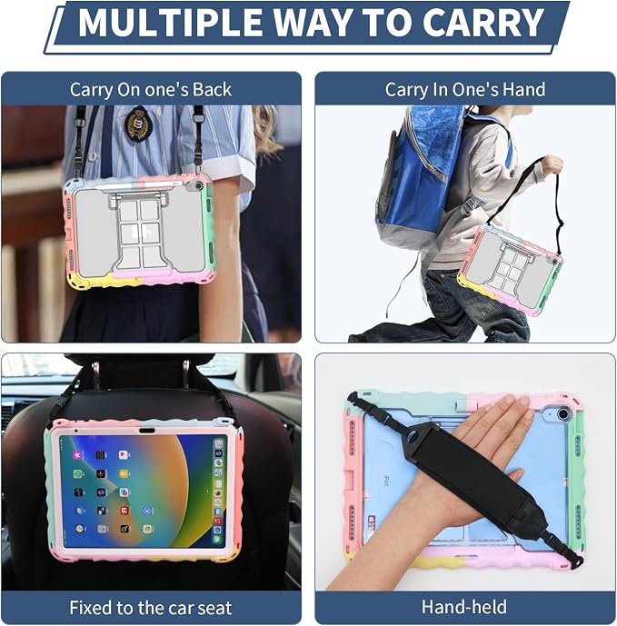 iPad (A16) 11th Generation 2025 11-inch/10th Generation 2022 10.9-inch Protective Case Silicone Shockproof Case with Screen Protector Pencil Storage Slot Shoulder Strap Handle Stand (A-Blue)