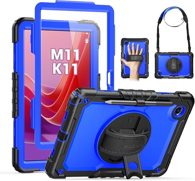 SEYMAC Case for Lenovo Tab M11/K11 11 Inch Black | Heavy Duty Shockproof Protective Built-in Screen Protector 360° Rotating Stand Hand/Shoulder Strap