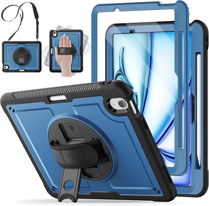 SCSVPN Kids Case for iPad Air 11 Inch M4 2026 / M3 2025 / M2 2024 Heavy Duty Shockproof Silicone Protective Case with Pencil Holder-Screen Protector-Rotating Stand-Handle-Shoulder Strap (Blue+Red)
