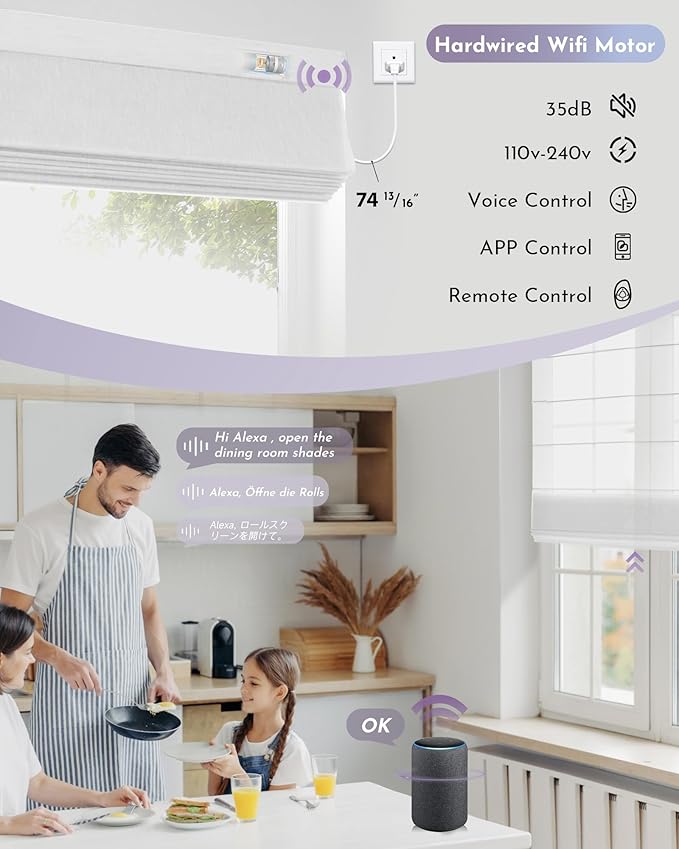 Graywind Smart Roman Shades 20% Blackout Compatible with Alexa Google WiFi Hardwired Automatic Blind Remote View Visible Roman Window Shades for Windows Doors, Custom Size (Semi-Sheer White)