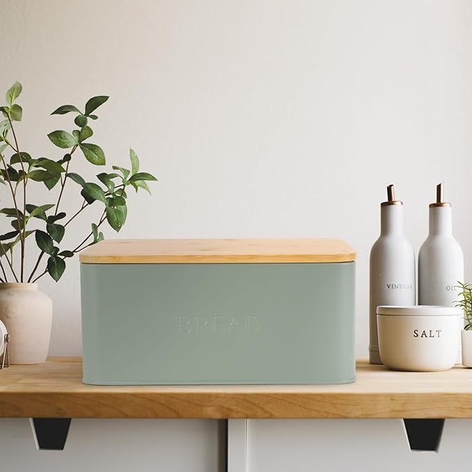 Beautiful Bread Box With Wooden Lid For Your Kitchen Countertop - Spacious Container Perfectly Stores Your Homemade Bread, English Muffins & Bagels - Quality Cutting Board Lid Keeps Bread Fresh