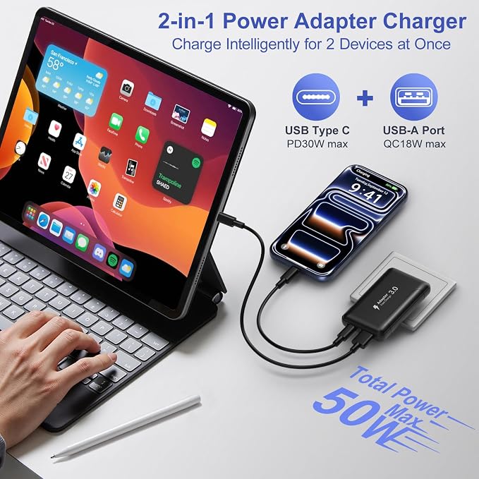 Slim Flat USB C Wall Plug OKRAY 50W Ultra-Thin&ampFoldable Dual USB Charger | PD30W USB-C+USB-A Fast Charging Block Multiport Travel Power Adapter for iPhone 17 Air 16 15 14 13 12 ProiPadGalaxy S2