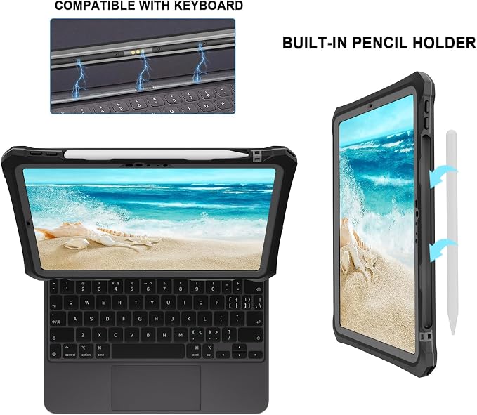10.2 Waterproof Case Compatible with iPad 9th 8th 7th Generation 2021/2020/2019 Built-in Screen Protector with Strap Stand Pencil Holder Full Body Heavy Duty Protective Shockproof