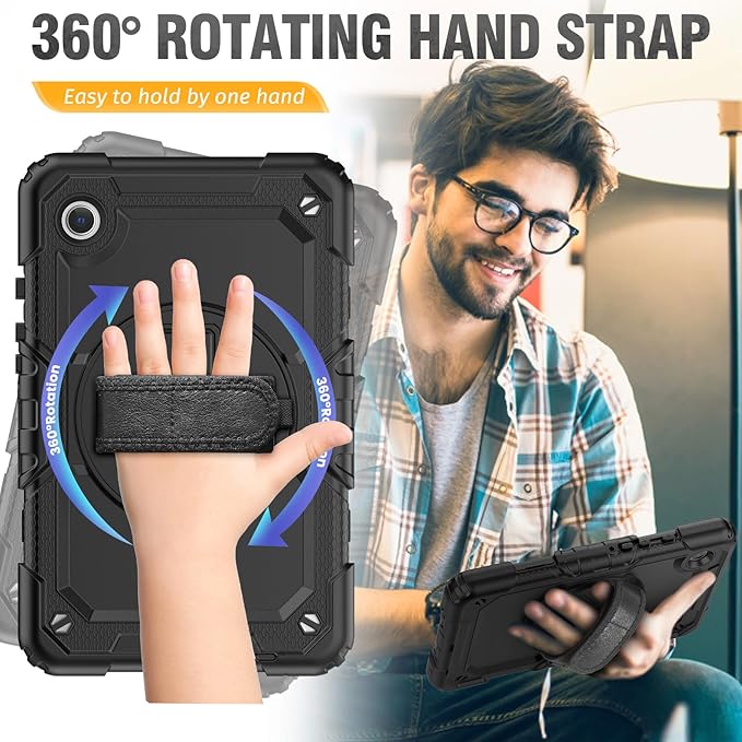 HXCASEAC Case for Samsung Galaxy Tab A7 Lite, Protective with Screen Protector/Hand Strap/Pen Holder, Sturdy A7 Lite Tablet Case, SM-T220 SM-T225 SM-T227, Black
