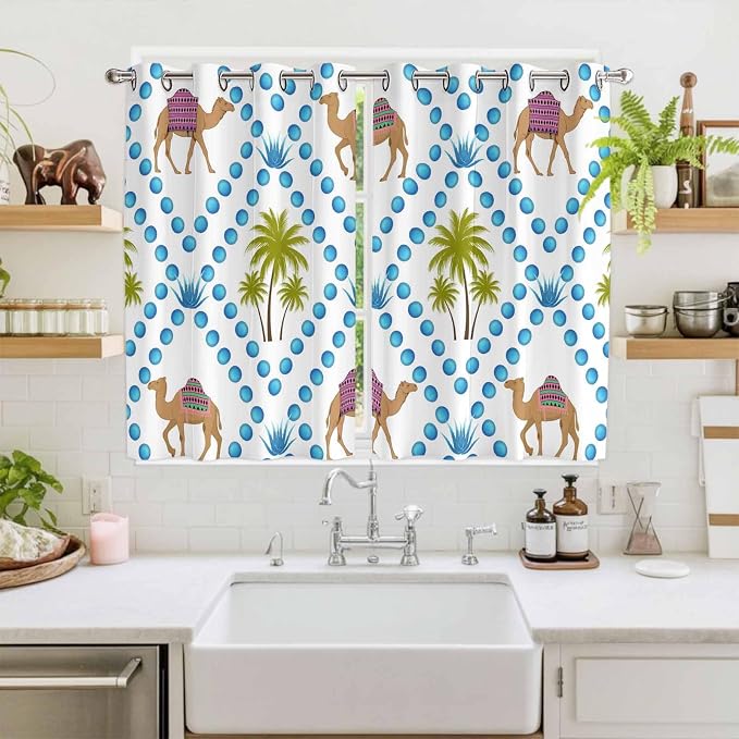 2 Panel Kitchen Cafe Curtains, Camels Palm Trees Sunlight Filtering Nature Air