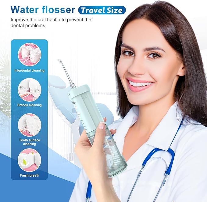 JNGOODS Mini Portable Water Flosser Oral Irrigator Water Teeth Cleaner Pick, Telescopic Water Tank, 4 Modes & IPX7 Waterproof, Home & Travel Water Flossers for Teeth, Braces Bridges Care. (Pearl Blue)