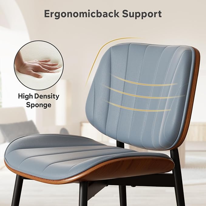 Dining Chairs Set of 6, Mid Century Modern Dining Room Chairs, Upholstered Faux Leather Kitchen Chairs with Walnut Bentwood Back and Metal Legs, Blue