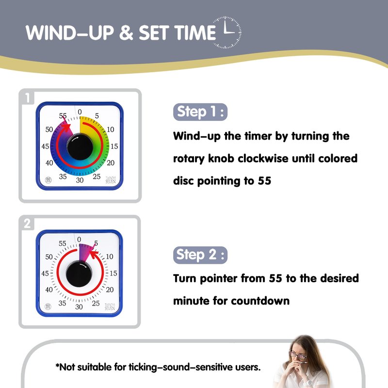 Visual Timer 7.5 inch; 60 Minute 1 Hour Countdown Timer for Kids Classroom Teaching Tool Home Office Meeting, Mechanical Countdown Clock for Exam Time Management Magnetic, Navy Blue with Colorful Disc