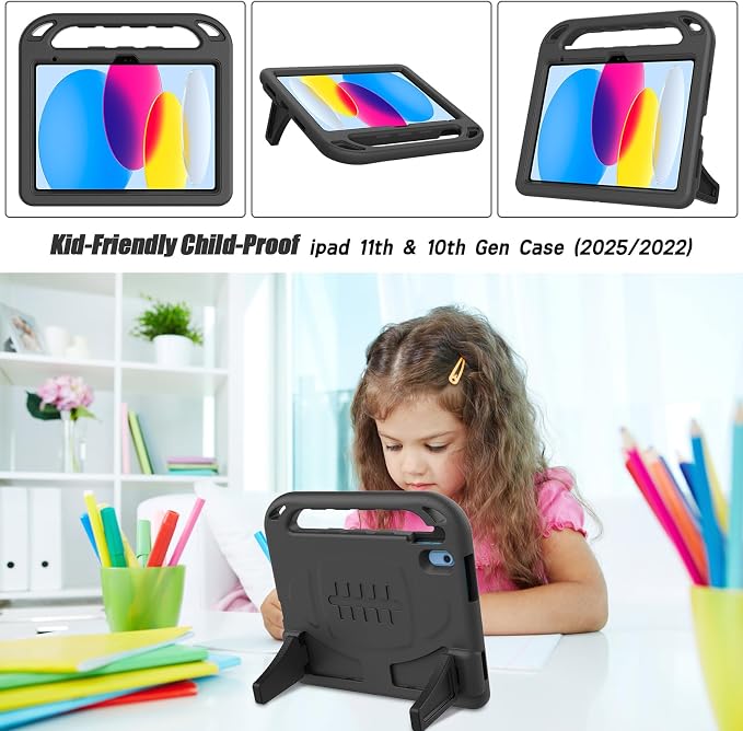 TIRIN Kids Case for iPad A16 11th Generation 2025/iPad 10th Generation 2022 with Built-in Screen Protector Shockproof Handle Stand iPad Case for Kids Black