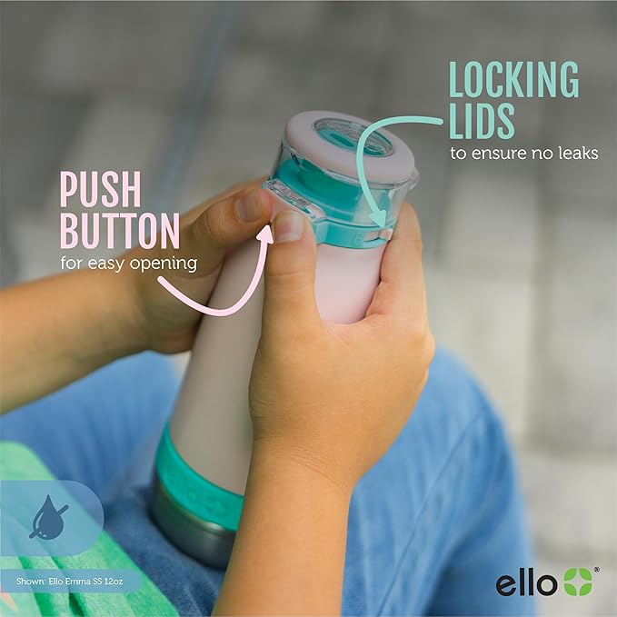 Ello Emma 14oz Vacuum Insulated Stainless Steel Kids Water Bottle with Straw and Built-in Carrying Handle and Leak-Proof Locking Lid for School Backpack, Lunchbox and Outdoor Sports