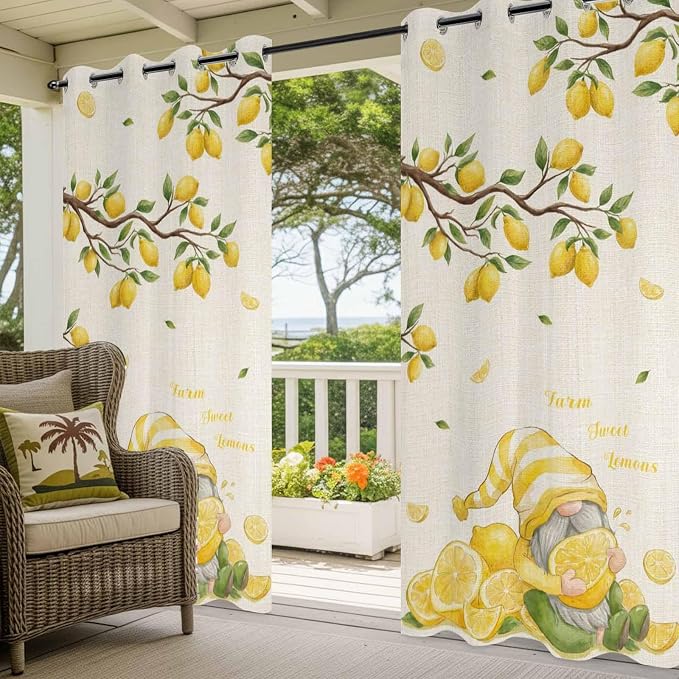 Summer Outdoor Curtains for Patio Lemon Gnome Leaf Linen Texture Waterproof