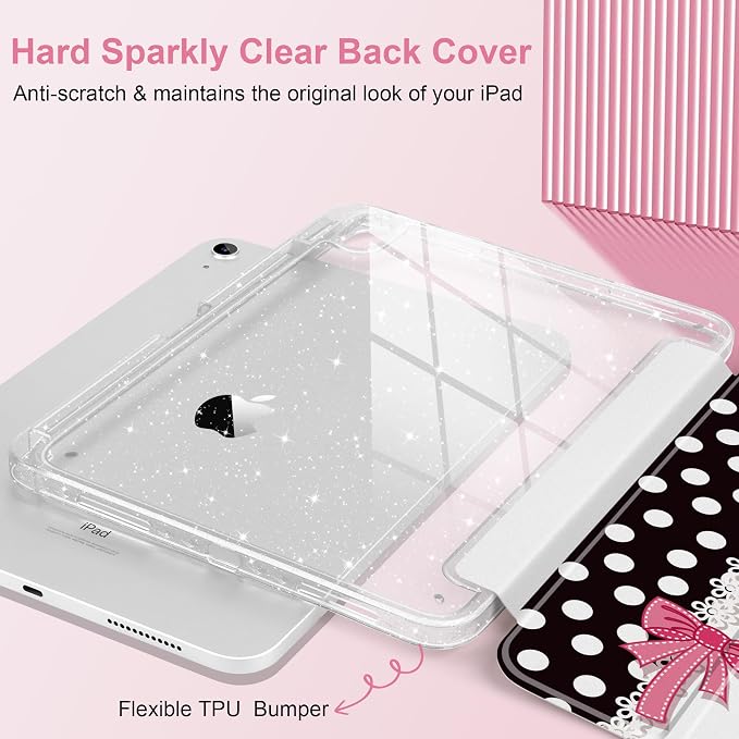 MEEgoodo Case for iPad A16 11th Generation 2025/10th Generation 2022 Glitter Tablet Cases with Transparent Acrylic Back+Trifold Stand +Pencil Holder+Auto Wake/SleepAbstract Sun &amp Palm Tree