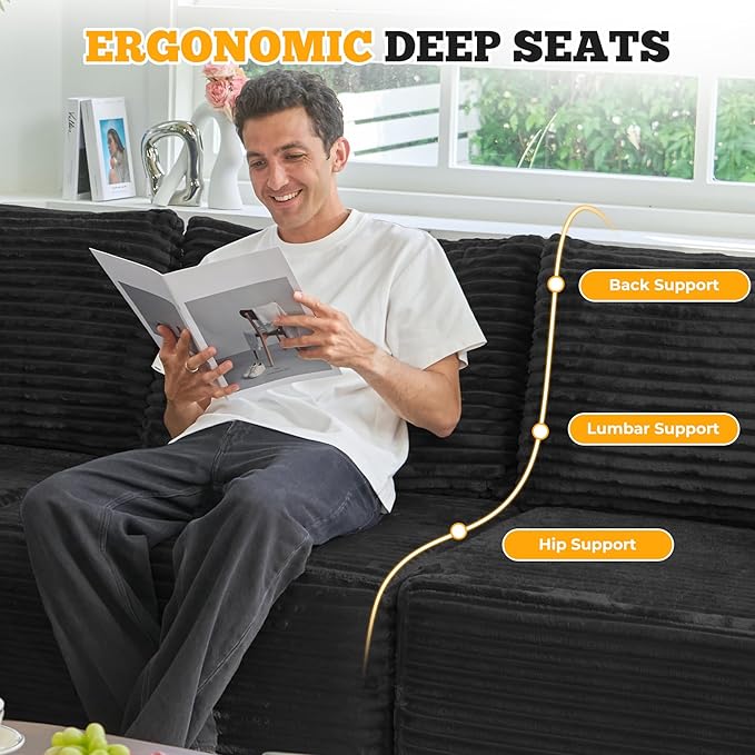 113" Modular Sectional Sofa, Convertible L-Shaped Cloud Couches for Living Room with Ottoman, 4 Seater Corduroy Boneless Couch Sofas Set, No Assembly Required, Black 1 PCS