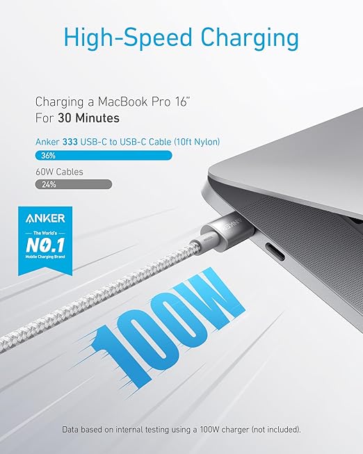 Anker USB C to USB C Cable 100W Fast Charging Cable (2-Pack 10 ft Black) | For iPhone 17 Series MacBook Pro 2020 Pixel and More (Not for Video Output)