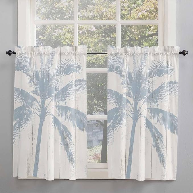 Summer Coconut Tree on Vintage Wood Grain Window Valance Curtains, Seaside