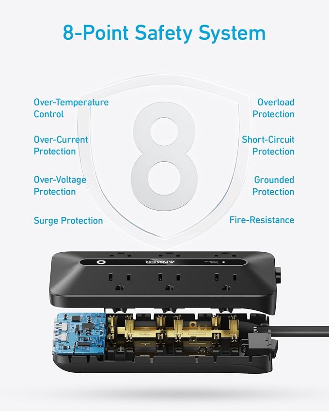 Anker Power Strip with 300J Surge Protector, Flat Plug Extension Cord with Multiple Outlets, 6 AC, 2 USB A & 2 USB C Ports for 20W, 5ft Outlet Extender, Dorm Room Essentials, Home Office