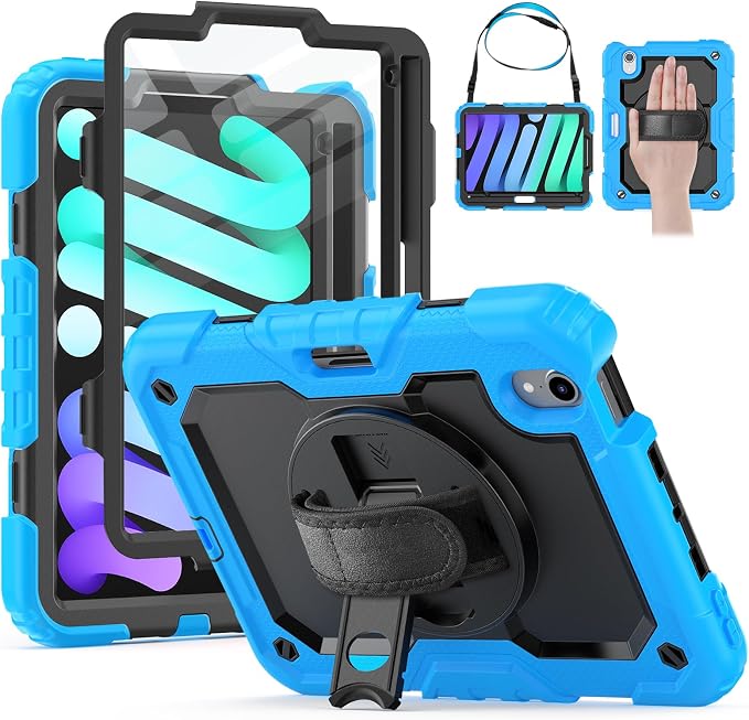 HXCASEAC Case for iPad mini 7 (A17 Pro) / iPad mini 6 Case 8.3 inch Full Body Protective with Carrying Strap Hand Strap Protector Pencil Holder 360 Rotating Stand A2995 A2993 A2567 A2568 Black