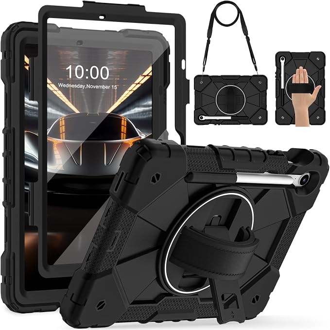 Case for Samsung Galaxy Tab S10 Lite/S10 FE/S9 FE /S9 Tablet Case 10.9/11 Inch with Rotate Stand &amp Hand Strap Screen Protector Pen Holder for Galaxy Tab S10 FE Cases Black