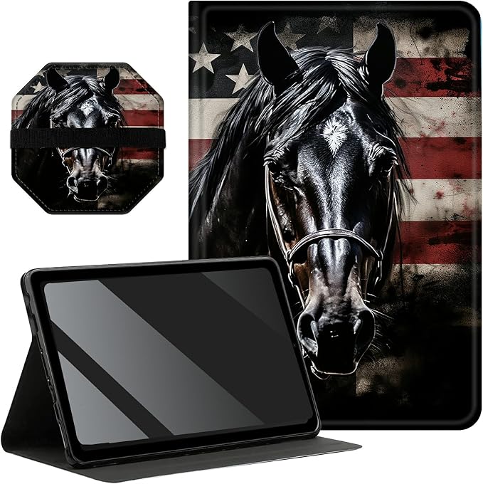 for All-New Kindle Fire HD 10 &amp 10 Plus Tablet (13th/11th Gen 2023/2021 Release) 10.1 + Screen Clean Pad Slim PU Leather Multi-Angle Kickstand Cover with Auto Wake/Sleep Horse with US Flag