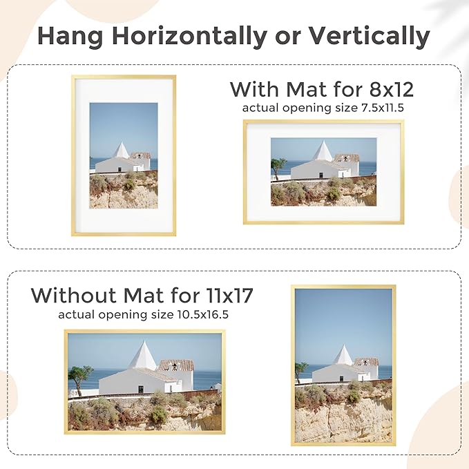 11x17 Metal Picture Frame for Wall With Mat for 8x12, 11''x17'' Aluminum Photo Frames With Tempered Glass for Home Decor, Minimalist Modern Poster Frame Horizontal And Vertical Formats, Gold