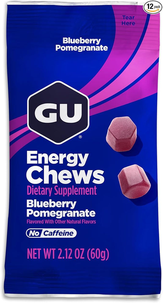 GU Energy Chews, Blueberry Pomegranate Energy Gummies with Electrolytes, Vegan, Gluten-Free, Kosher, and Dairy-Free On-The-Go Energy for Any Workout, 12 Bags (24 Servings Total)